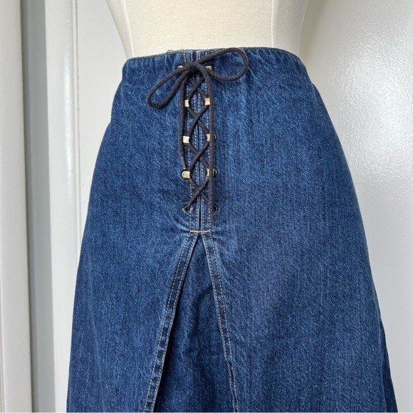 Vintage 90s Y2K Lace Up Denim Skirt A-Line Midi Chambray Grunge Fairy Jean Skirt - Picture 7 of 8